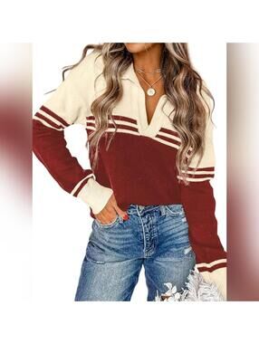 NWT COCCKO V Neck Pullover Casual Striped Knitted Sweater, XL